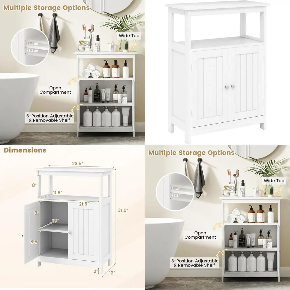 

Modern White 3-Tier Adjustable Shelving Unit with Doors for Bathroom, Laundry, Entryway, Living Room Storage
