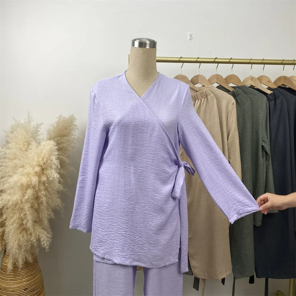 Einfache Hose mit weitem Bein und modische Damenbekleidung, langärmeliges Blusenoberteil, 2-teiliges Kleidungsset