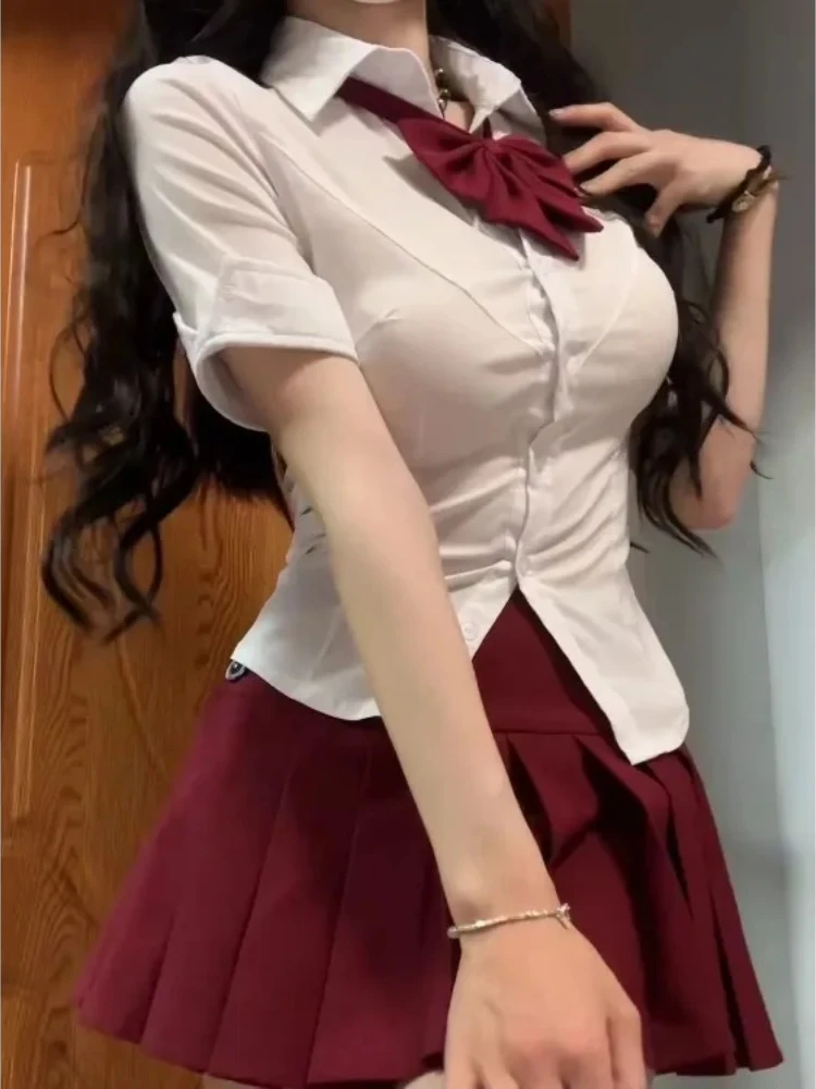 Camisa Jk blanca de cintura delgada Kawaii japonesa para mujer + Y2k Vintage dulce Casual faldas acampanadas plisadas 2025, novedad de verano, conjuntos de dos piezas