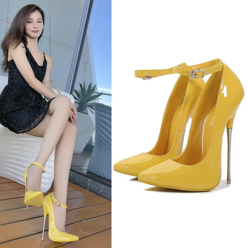 Party Super High Heels Pumps 16cm Shallow Mouth Pointed Sexy Nightclub Metal Heel Thin Follow Shoes Large Size