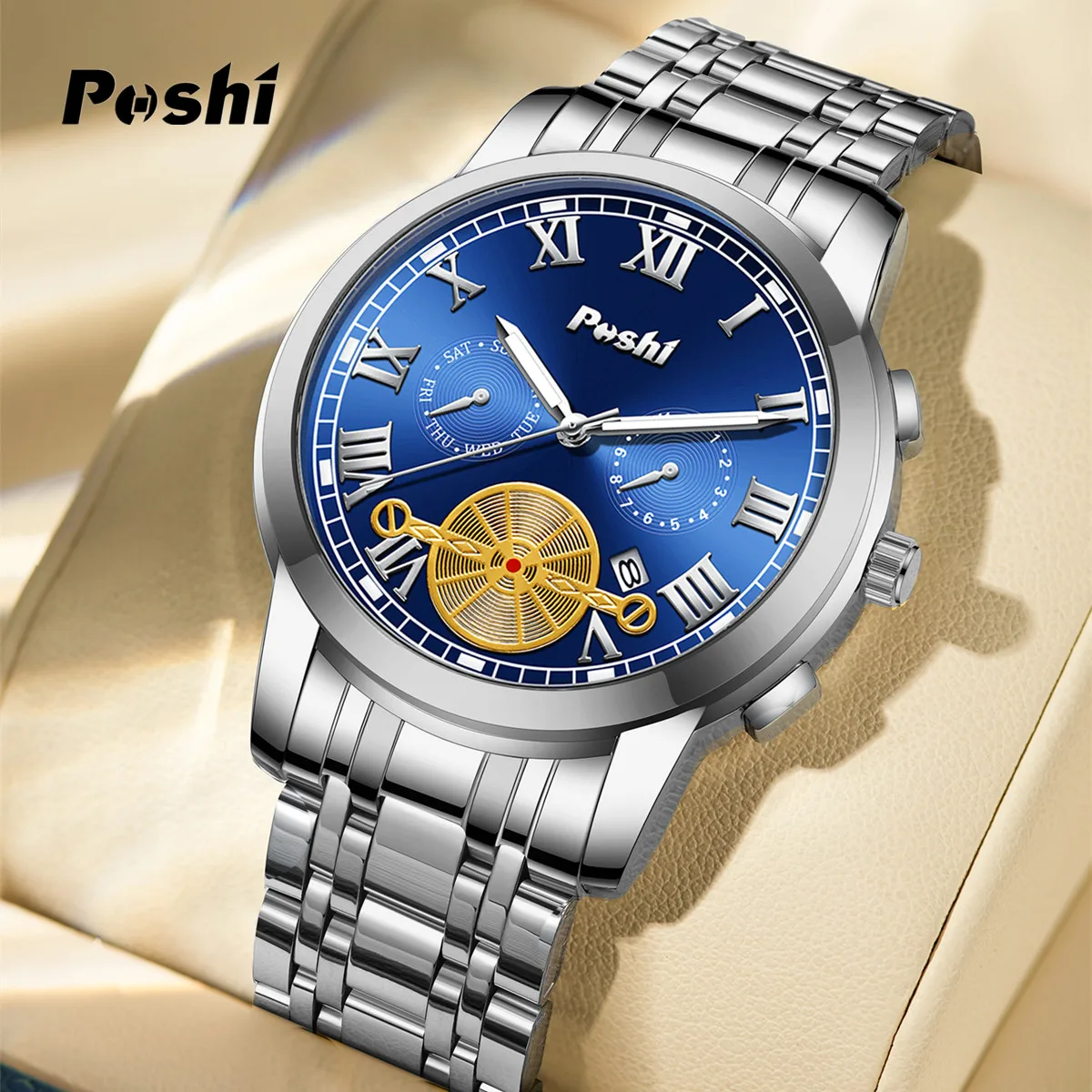 POSHI 905 Luxury Man Wristwatch Waterproof Date Watch for Men Stainless Steel Men\'s Quartz Watches reloj hombre with Box