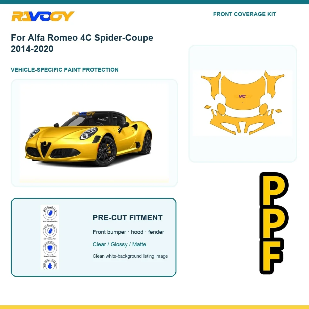 For Alfa Romeo 4C Spider-Coupe 2014-2020 Custom Fit Front Coverage PPF Kit Clear Paint Protection Film Glossy Matte Black
