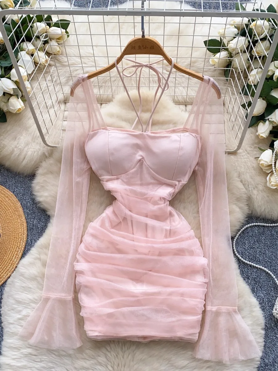 

Foamlina Fashion Flare Sleeve Square Neck Halter Dress Women Summer New Mesh Pleated Slimming Bodycon Girl Mini Pink Dress