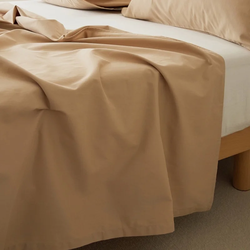 4PCS 100% Cotton Sheet Set Natural Cotton Fitted Sheet+Flat Sheet+2 Pillowcases Breatherable Soft Farmhouse Full Khaki Bedding