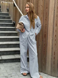 Clacive Fashion Loose Stripe Cotton Trousers Sets For Women 2 Pieces Elegant Long Sleeve Shirt With High Waist Wide Pants Set