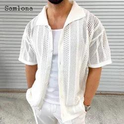 2024 Summer New Knitting Blouse Solid White Comfy Hollow Out Shirt Men Short Sleeve Beach Top Cardigans Lepal Collar Knitwear