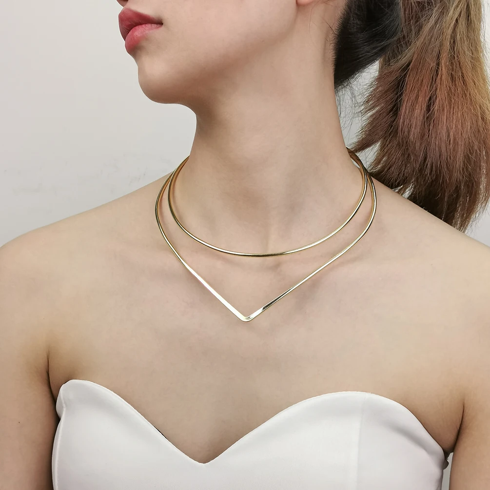 Geometric Double-deck Metal Torques Rigid Chokers Necklaces Gold Color Bib Collar Necklace  For Women Statement Jewelry MANILAI