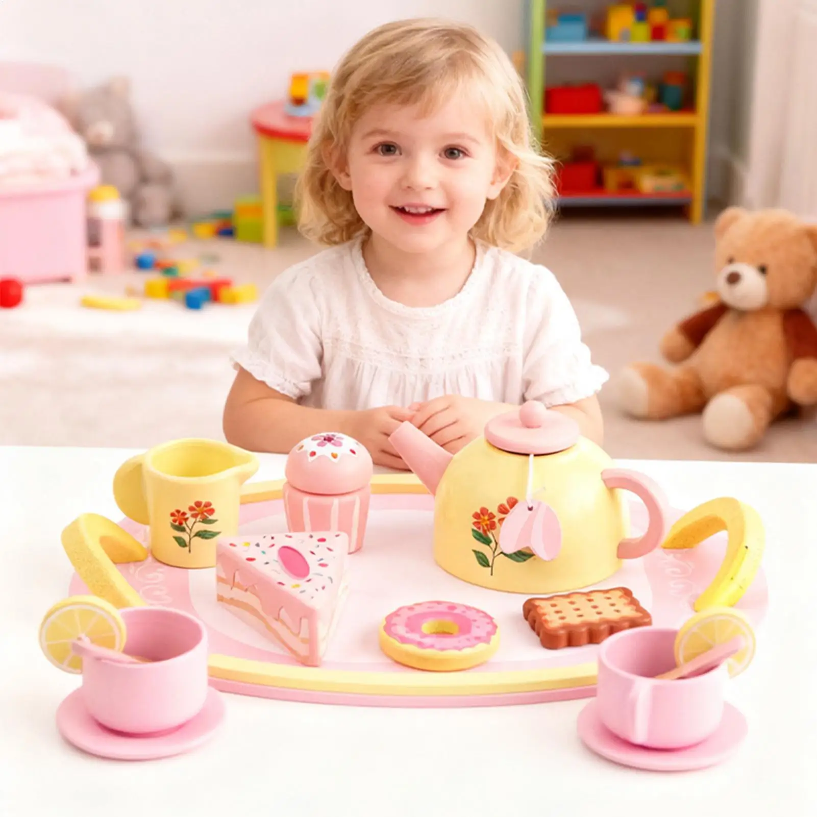 16-piece-wooden-thanksgiving-tea-party-set-for-kids-dessert-pretend-play-birthday-children's-day-gift-with-tableware-and-pastrie