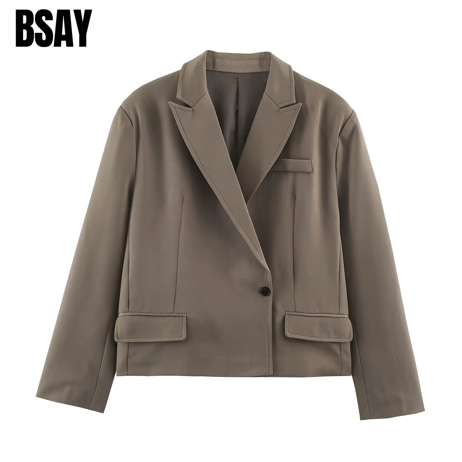 BSAY Women Loose Fit Short Stitched Blazer Notched Lapel Single Button Long Sleeve Solid Color Elegant Commuter Autumn Outerwear