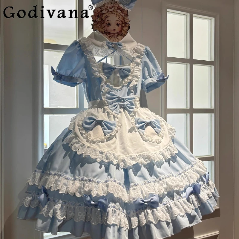 

Blue and White Japanese Maid Dress for Girls Lolita Two Dimensional Game Anime Cos Dress Women Lolita Fluffy Princess Dress
