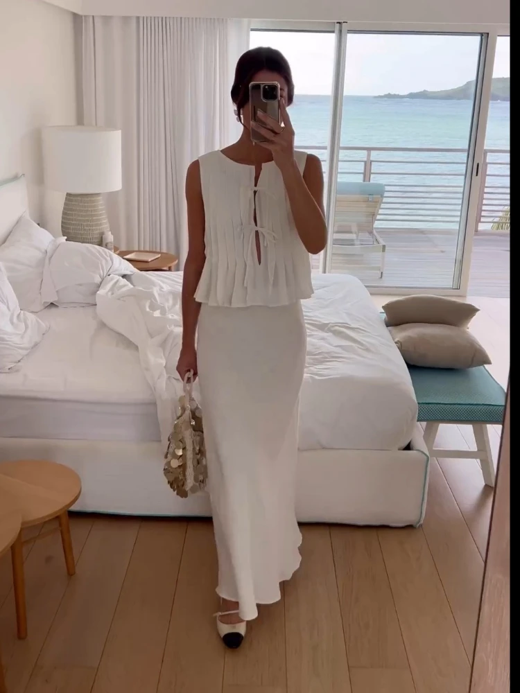 EOENKKY Conjunto de saia de linho de algodão branco moda feminina blusa de renda + saia maxi roupas verão elegante causal férias conjunto de 2 peças