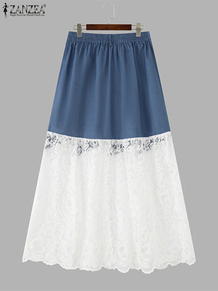 Zomer Maxi Rokken Vrouwen Mode A-lijn Bodems Casual Losse Geplooide Broek Mode Kant Patchwork Overrokken 2025, ZANZEA