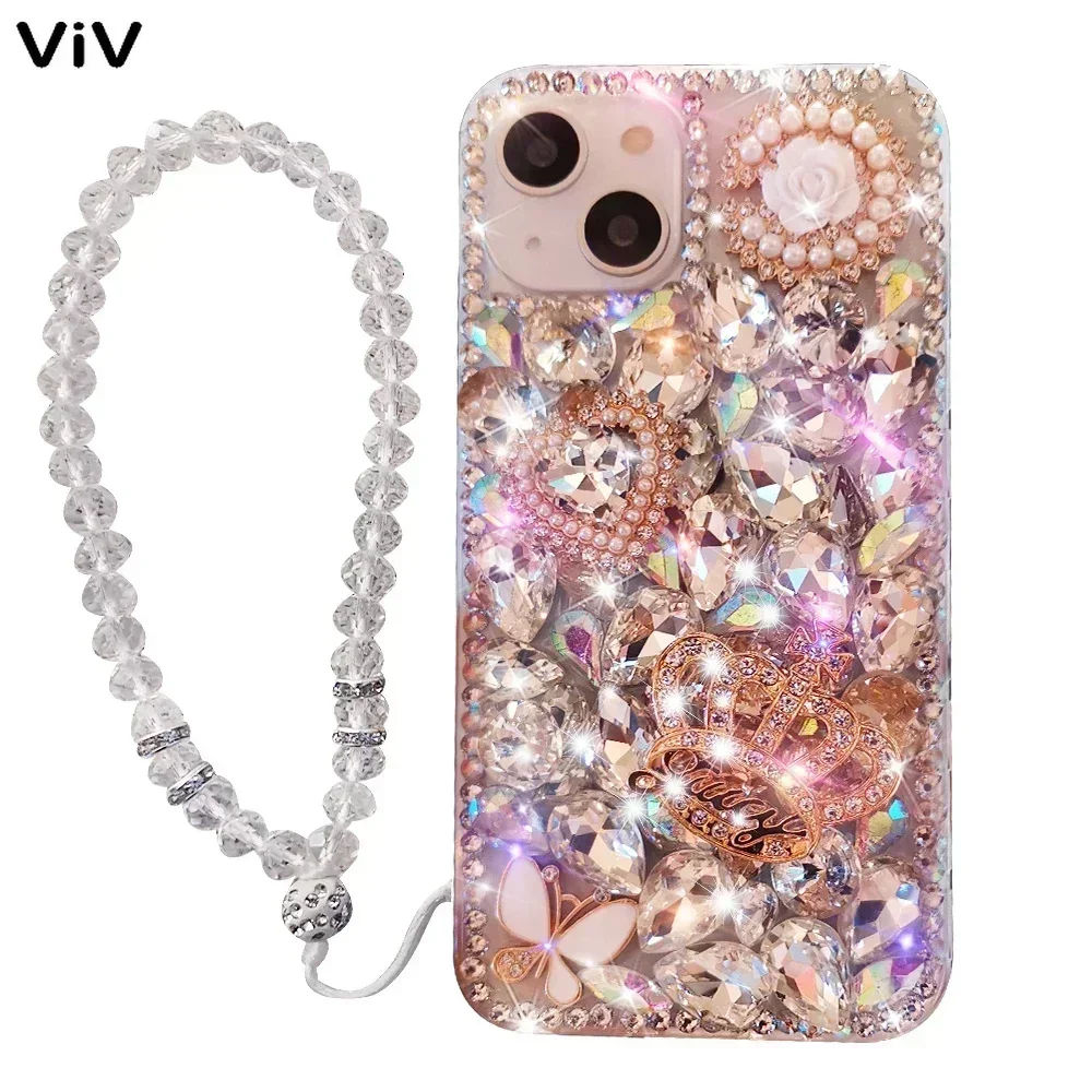 Luxury Crown Diamond Cord Phone Case For Samsung GalaxyS24 S10 S20 Plus S21 FE S22 23Ultra Note20 10 Cover With Crystal Fundas