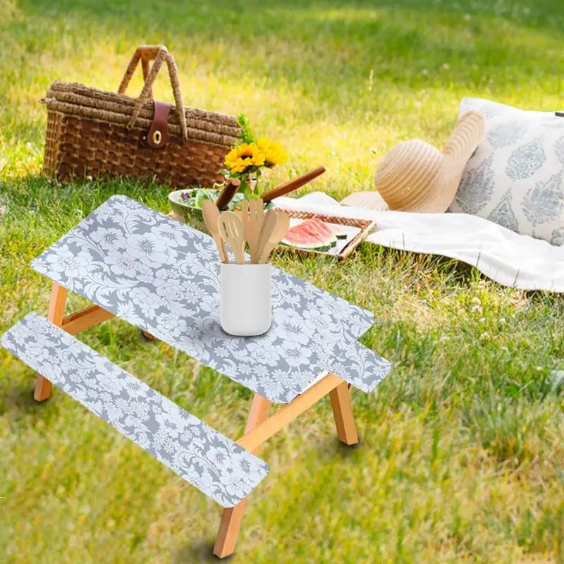 3PCS/Set Picnic Table And Bench Fitted Tablecloth Cover Elastic Waterproof Flannel Backing Tablecloth For Picnic Camping