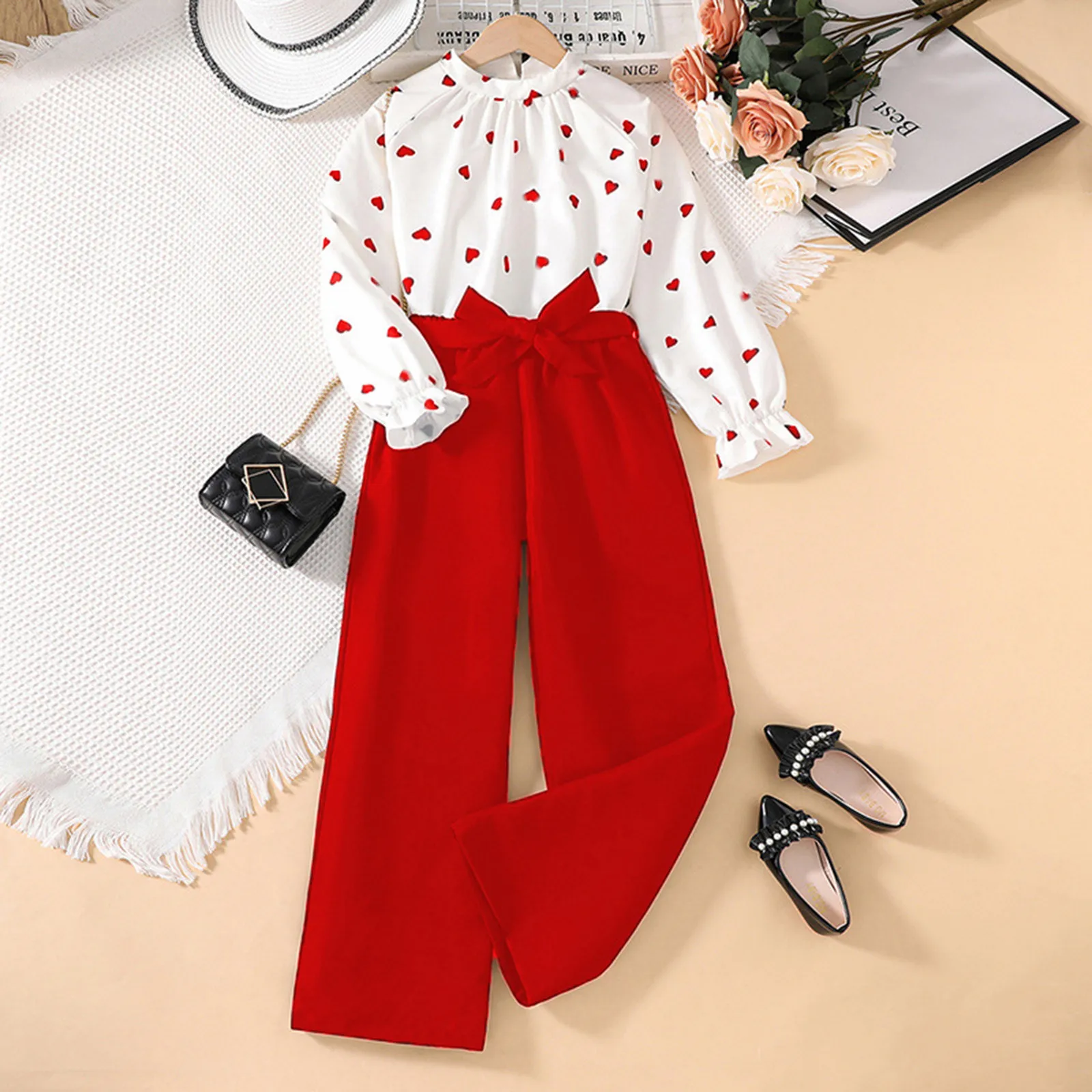 2024 New Clothing Set Girls Long Sleeve O Neck Ruffles Print Heart T-shirt Red Pants 2 Pcs Sets Casual Girls Clothes Set 8-12T