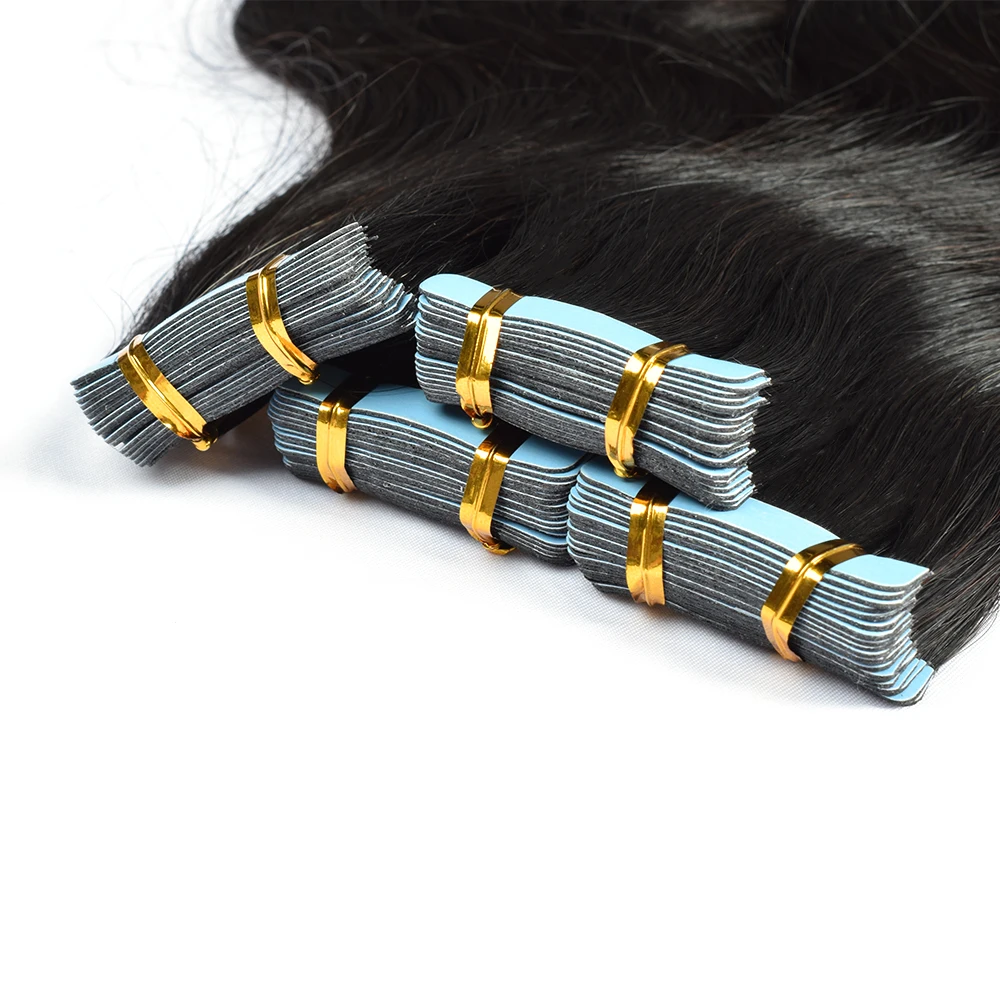 Extensiones de ondas corporales de cabello humano 100% Remy Real, pegamento adhesivo de trama de piel para salón, alta calidad para mujer, 1B