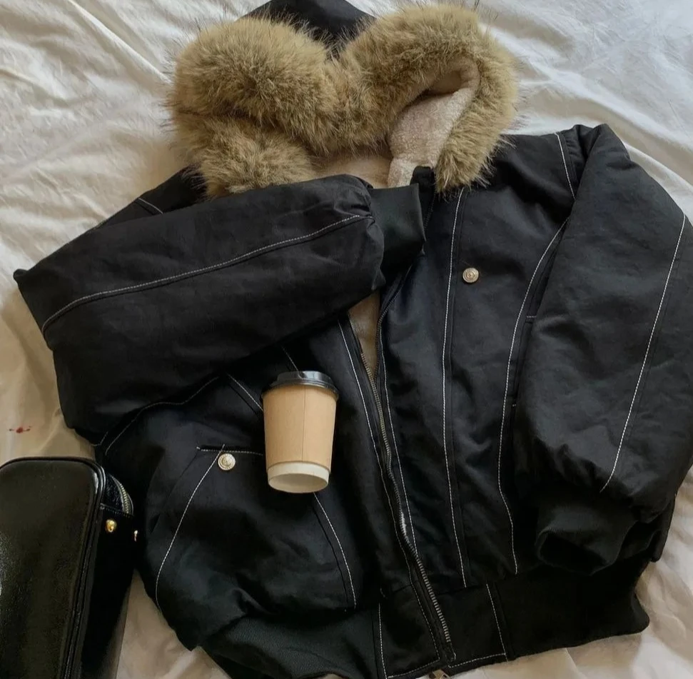 

Autumn Winter Cotton Padded Jacket Women Outerwear Thick Warm Short Coat Female Hooded Long Sleeve Fur Collar Parkas