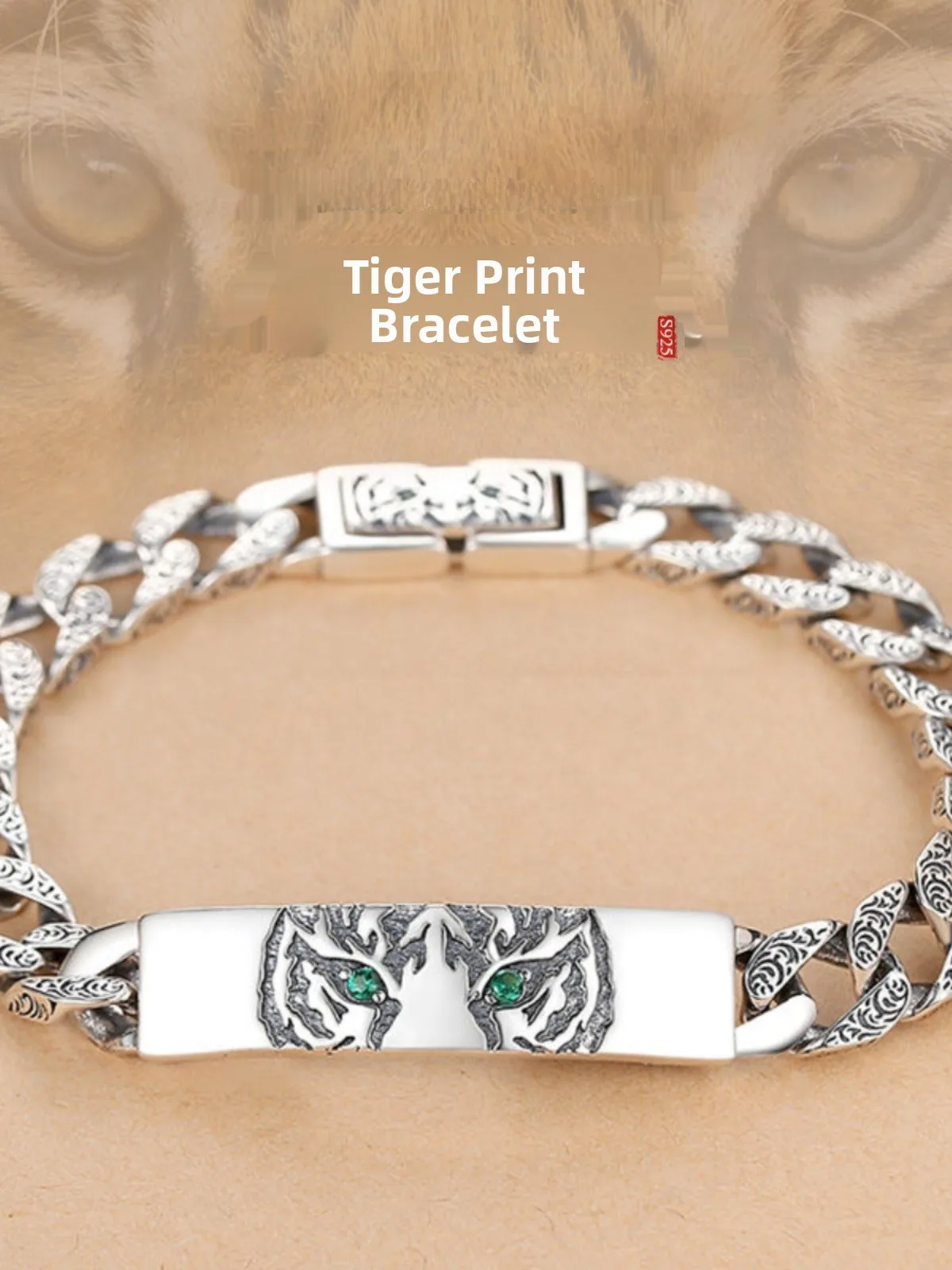 weier925-silver-tiger-pattern-cuban-bracelet-unisex-couple-style-birthday-gift-fashionable-hip-hop-men's-bracelet