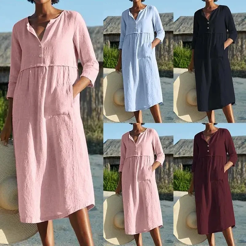 

Loose Cotton Linen Women's Dress Breathable round Neck Button Pocket Midi Sleeve Pure Color Spring Summer New Style A-Line Dress