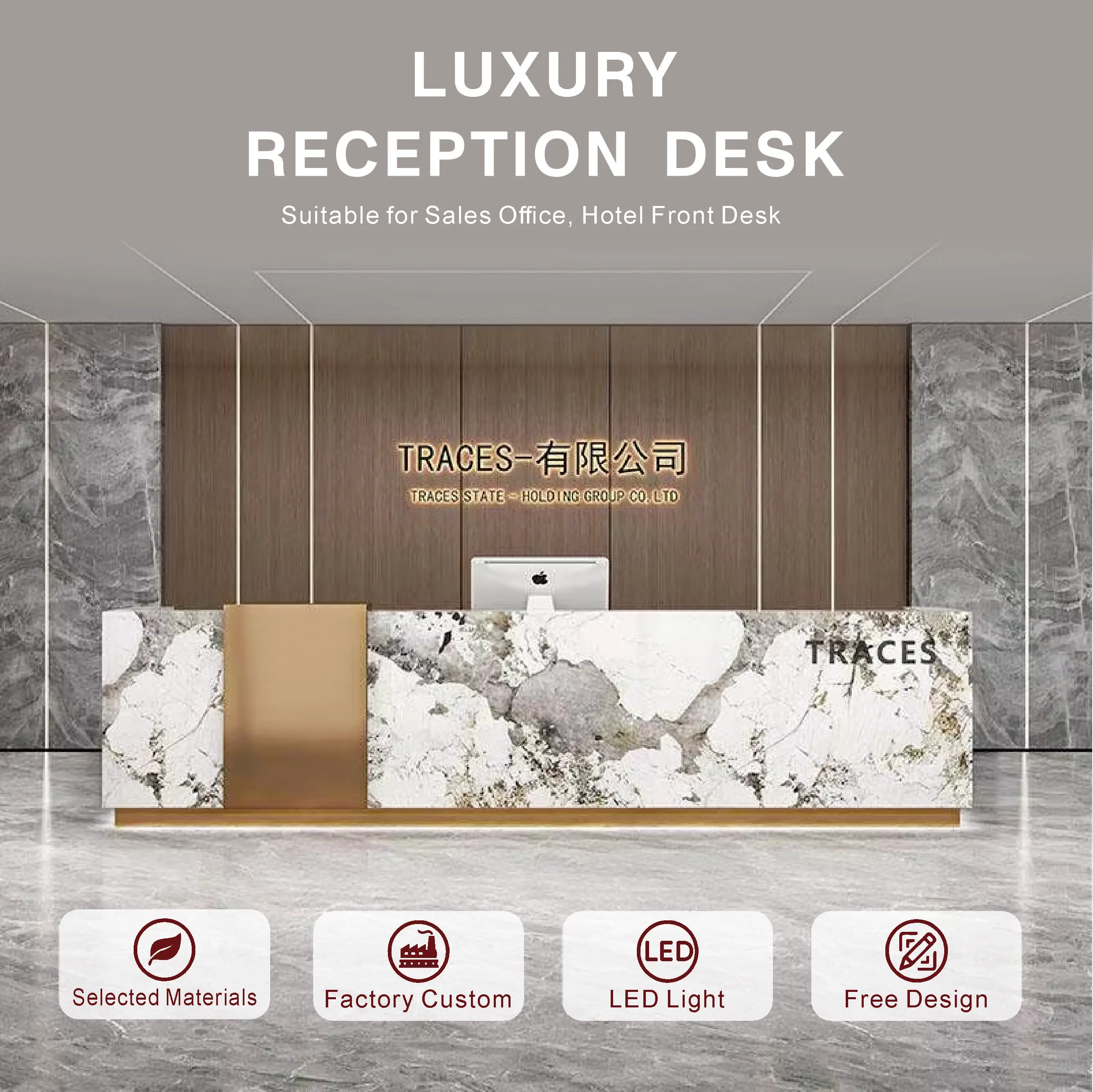 Marble Cashier Counter Hotel Sales Office Reception Desk High-end Quartz Stone Solid Wood Baked-finish Commercial