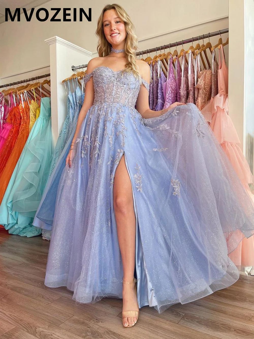 Prom Dress for Black Girl Youthful Off The Shoulder A-Line Split Tulle Lace Party Dresses Evening Dress 2023