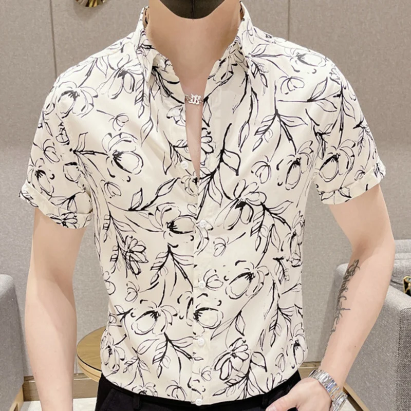 

2023 Summer Flower Shirts For Men High Quality Short Sleeve Slim Casual Shirt Social Streetwear Business Formal Dress Shirt