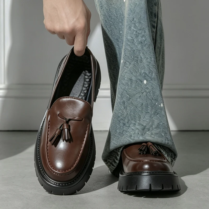 Size 38-46 Business Casual Thick-soled Fringed Shoes for Men Black-brown Color Men Casual One-piece High-heeled Loafers