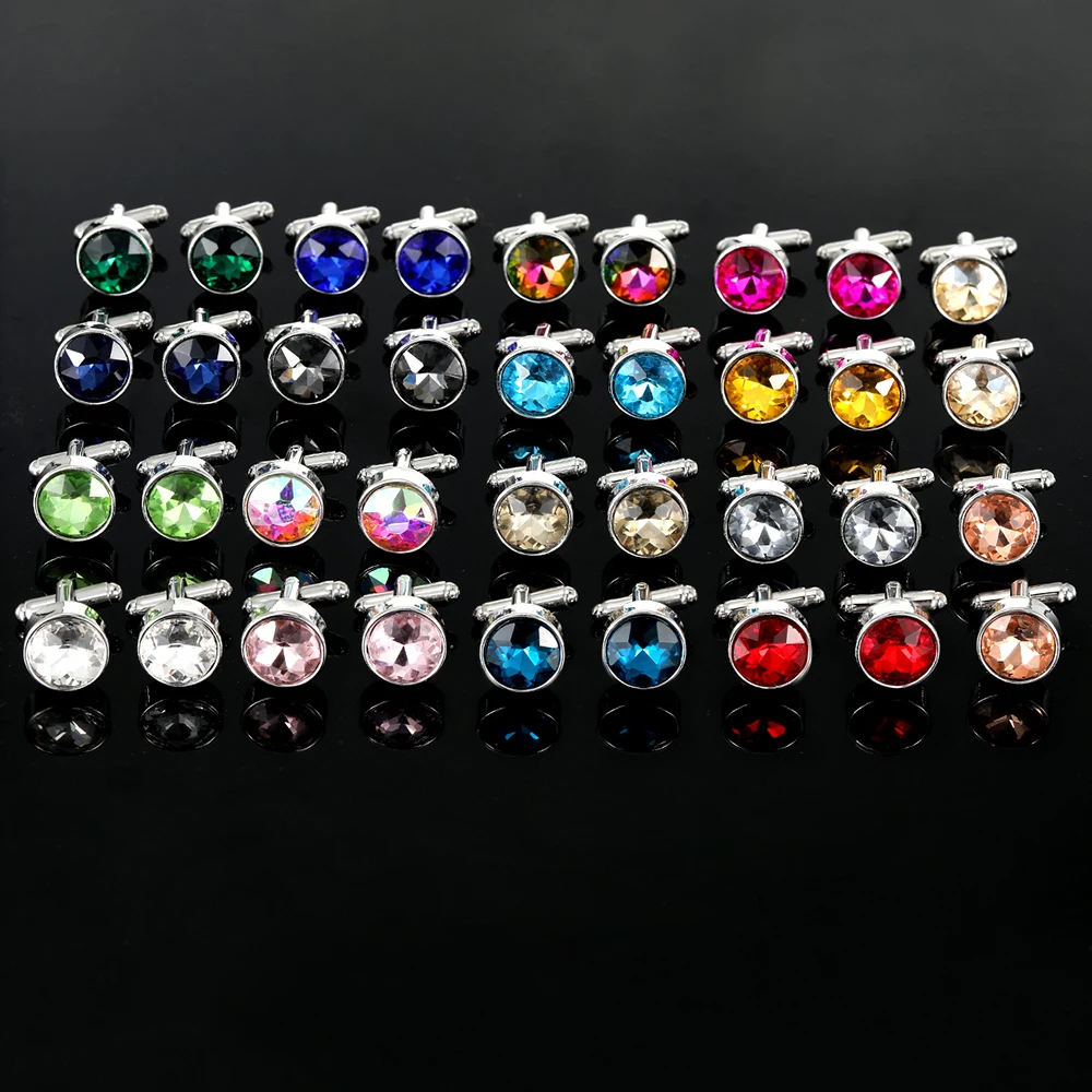 Mens 18 Colors Crystal Small Round Cufflinks Pink Green Purple Red Yellow Orange Black Blue Gray Multicolour Sleeve Button