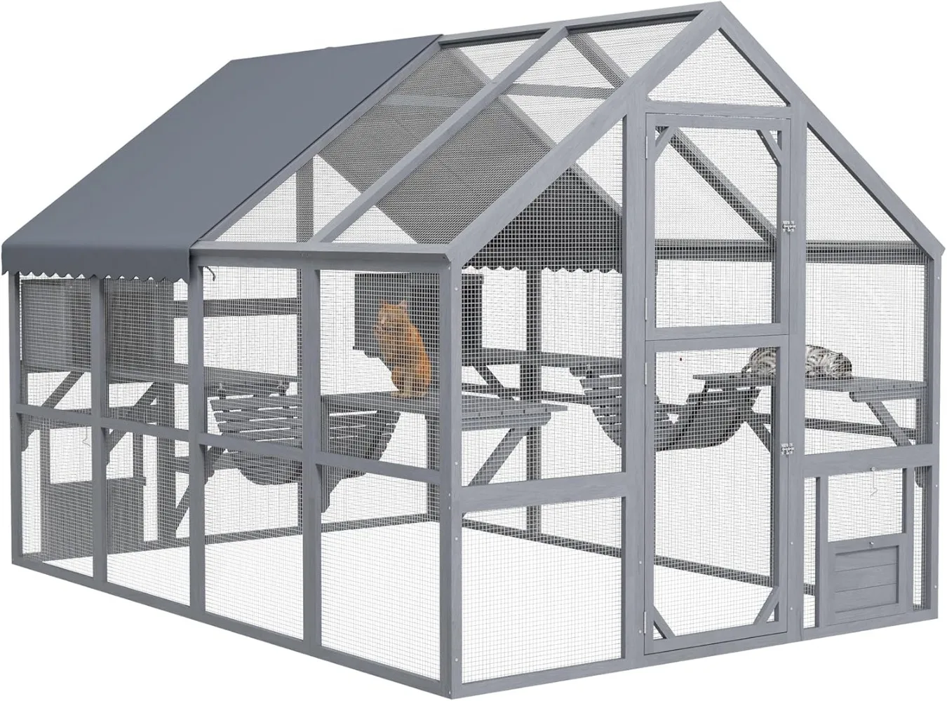 

9.2' Catio, Outdoor Cat Enclosure House, Wooden Feral Cat Shelter with Condos, UV and Waterproof Canopy, Suspension Bridges