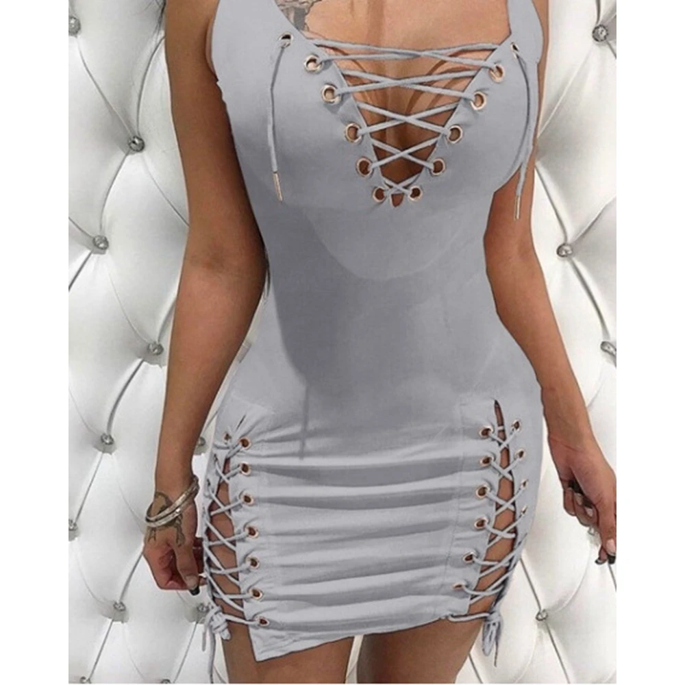 

Women Fashion Eyelet Lace-up Bodycon Dresses for Women Party Femme Sleeveless V Neck Nightclub Outfits Sexy Mini Dress for Woman