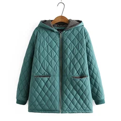 Plus Size Parkas Women Clothing Winter Middle Aged Wadded Jacket Hooded Argyle Thick Fleece Liner Warm Padded Coat RFEW