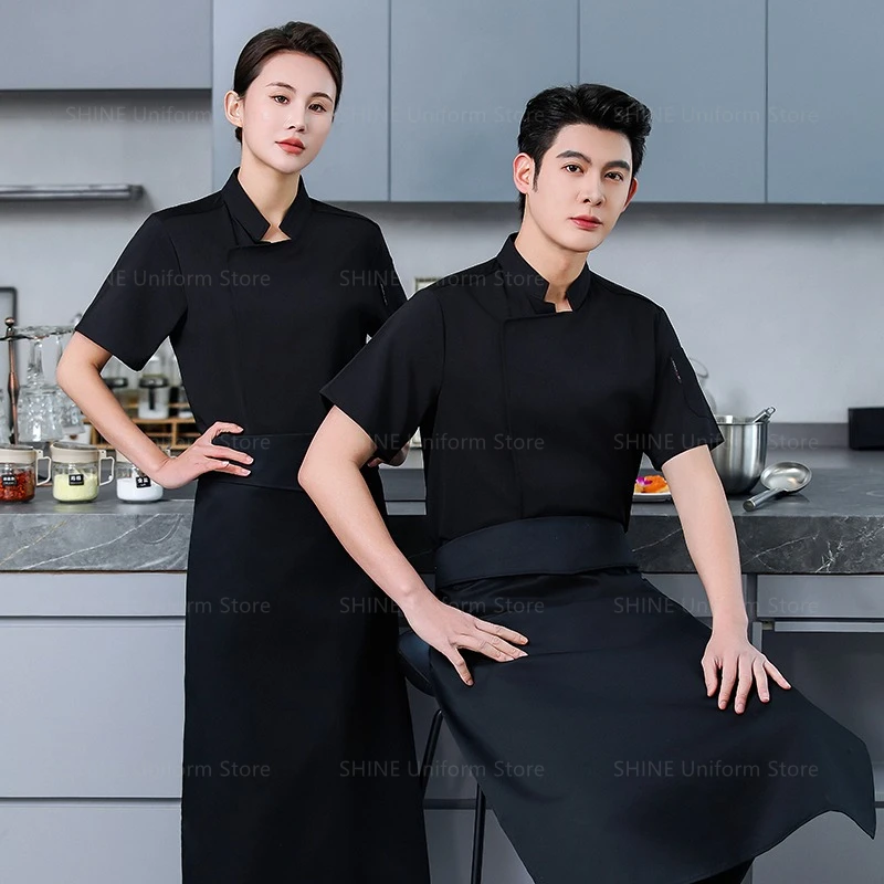 

Kitchen Chef Shorts Breathable Chef Coat Restaurant Short Sleeve Jacket Summer Men Black Chef Uniform Apron Work Clothes Logo