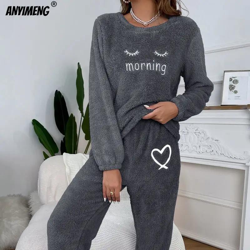 Fluffy Homewear Winter Woman Pajamas Set Pullover Lashes Sleepwear Casual Cozy Flannel Pijamas Cold Thermal Lady Lingerie Pyjama