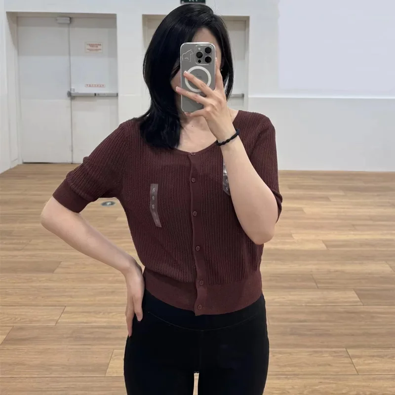 Ladies' round Neck Knitted Cardigan Short Sleeve Sweater Outerwear Spring Summer Fashion Elegant Style Pure Color Slim Fit