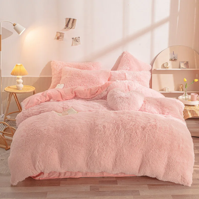 4pcs Thickened Warm Lamb Wool Plush Quilt High-end Luxury Mink Velvet Duvet Cover Pillow Case Winter Bedding Set Girl Bed Decor