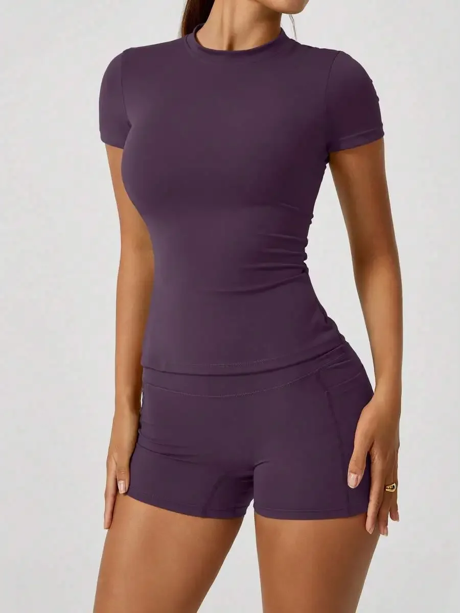 Women's Sweet Sports Short Sleeve High Waist Tummy Control Butt Lifting Shorts Set