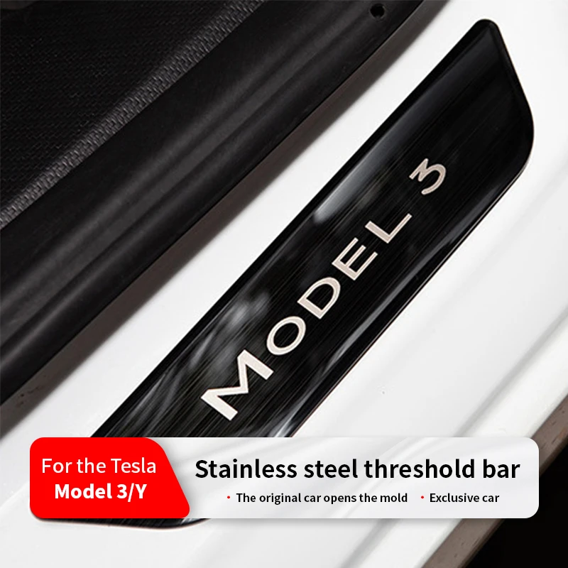 For Tesla Model Y/3 Car Threshold Protector Strips Stainless Steel Front Rear Door Welcome Pedal Films Sticker Anti Scratch 2PCS