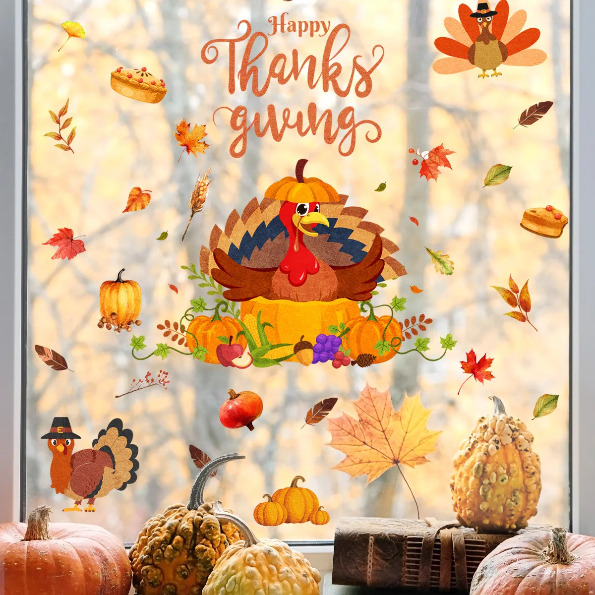 30*60cm Thanksgiving Cartoon Turkey Maple Leaf Pumpkin Glass Window Decorative Wall Stickers Double Sided Glass Sticker Dj4046