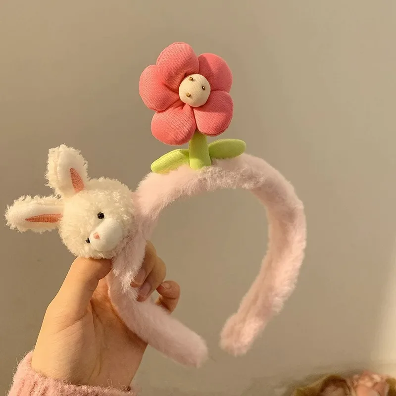 YHJ Cute Rabbit Hair Bands Pink Flower Plush Hair Hoop Trend Female Headband Head Hoop Sweet Hair Bands Accessories for Women