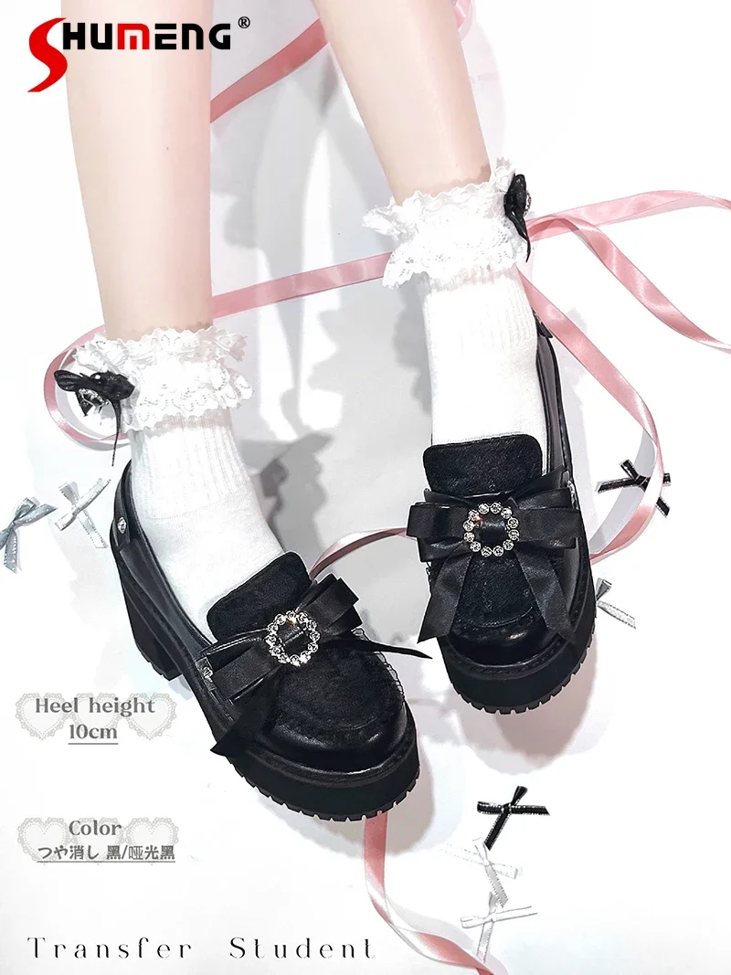 

Japanese Mine Style Mass-produced Subculture Lolita Shoes Pumps Sweet Bow Round Toe Black Platform Heels Slip-ons Loafers Women