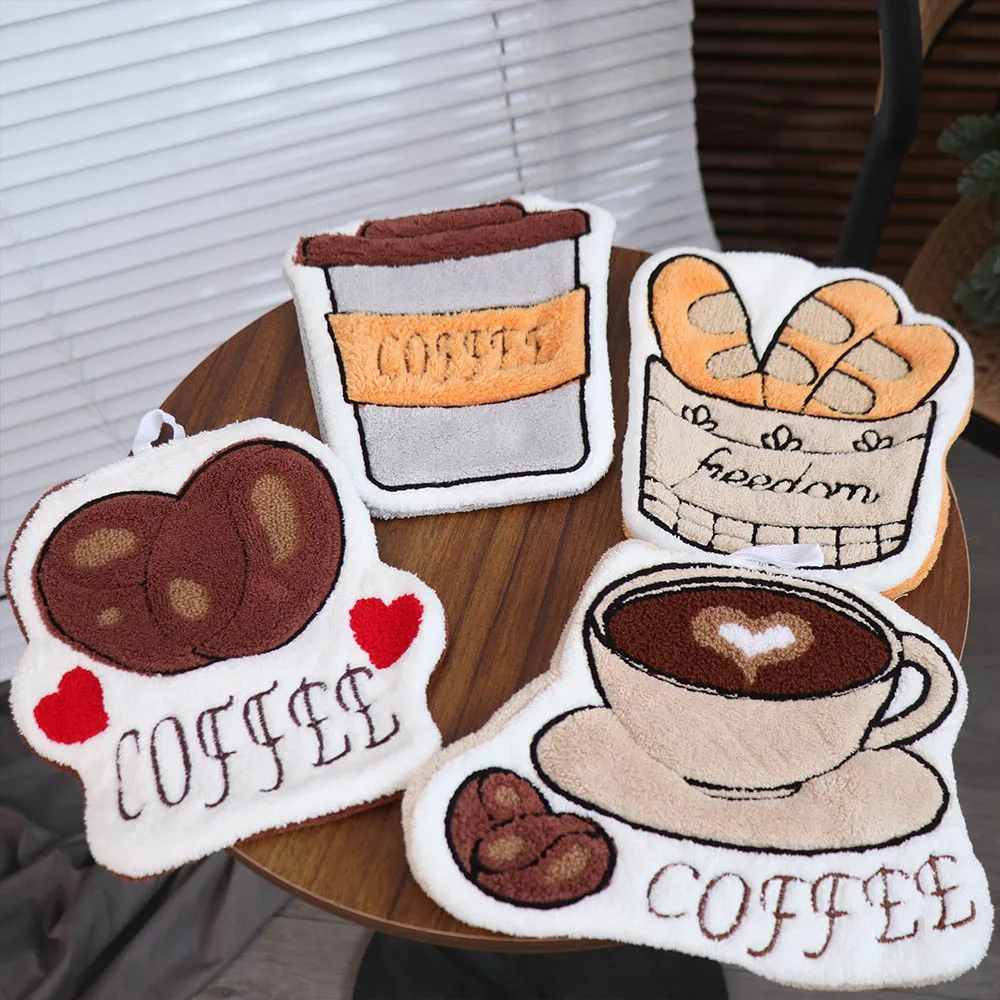 

4Pcs/Set Cartoon Hand Towel Absorbent Coffee Pattern Kitchen Hand Cloth Soft Skin-friendly Bathroom Hanging Towel Bathroom