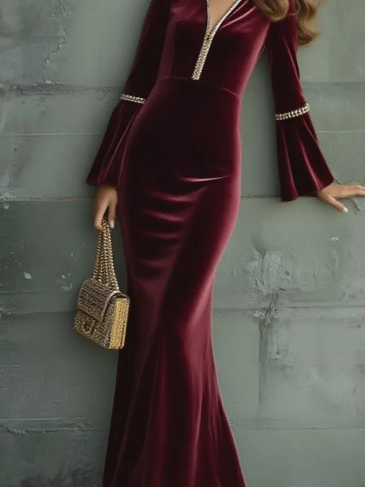 Women Elegant Draped Solid Long Dress Casual FLared Sleeved Velvet Party Dresses Autumn Sexy V-neck Hight Waist Fishtail Dress