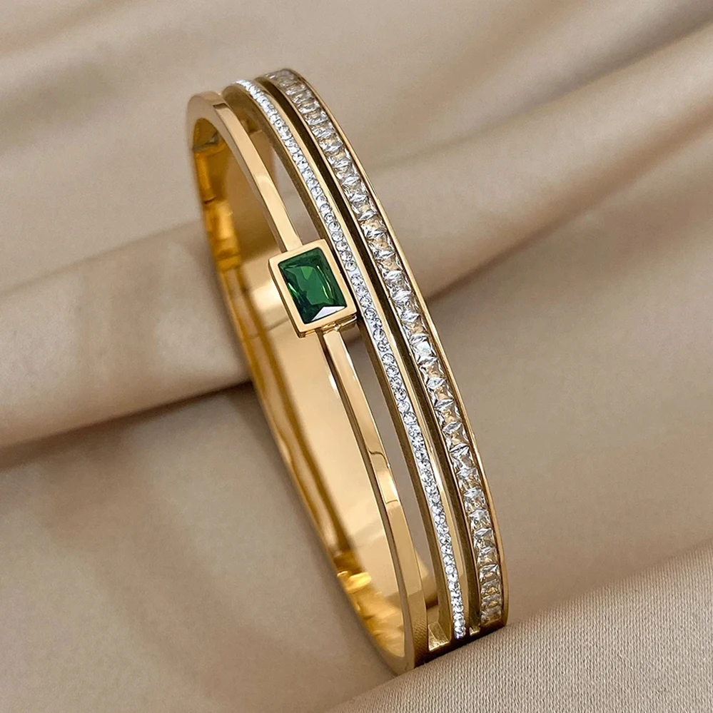 

Роскошный Браслет-манжета DODOHAO из нержавеющей стали для женщин и мужчин, золотистые Парные браслеты с зеленой вставкой, женские широкие браслеты