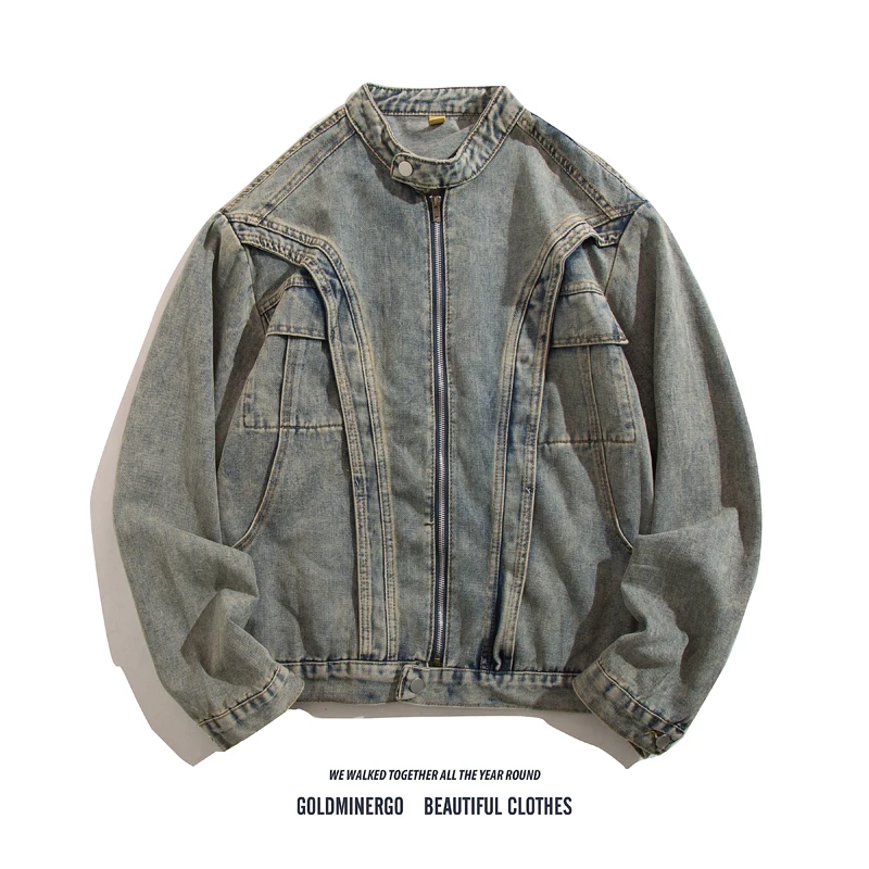 Veste en jean déstructurée patchwork style américain pour homme, tendance streetwear, avec épaulettes épaisses