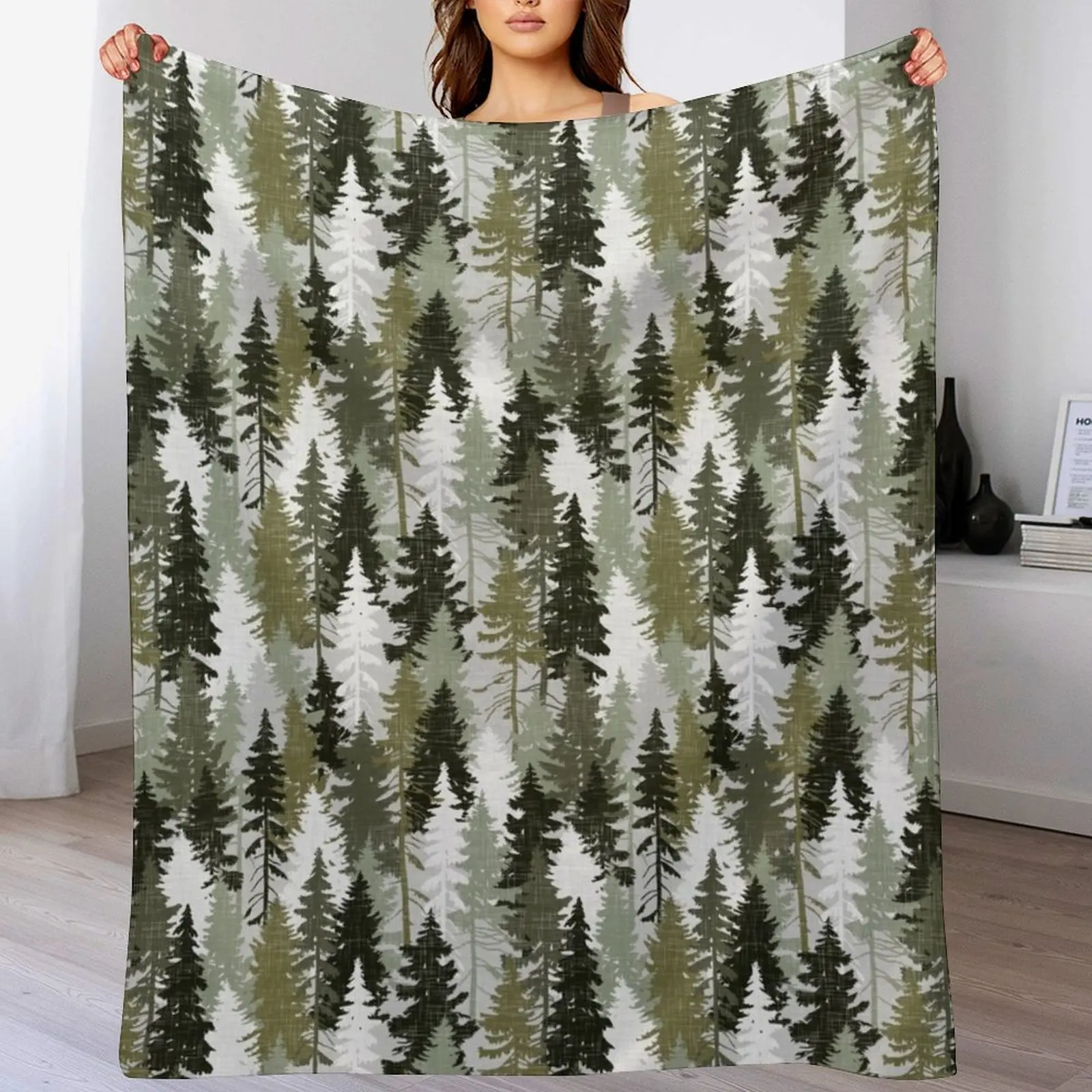 

Pine Tree Forest / Olive Throw Blanket Bed linens Thermal Blankets