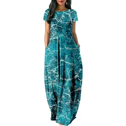 Water pattern Print Patchwork Print Women Casual Short Sleeve Dress Loose Long Double Pocket Beach Vacation Woman Dress