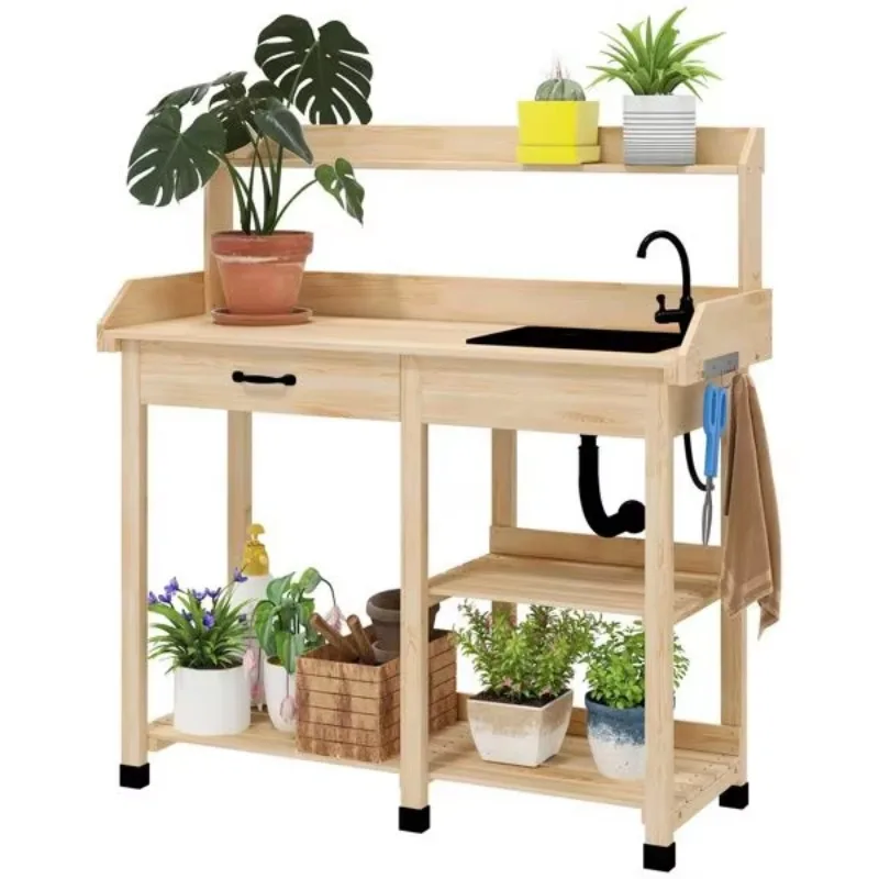 Natural Wooden Outdoor Garden Potting Bench Table with Removable Sink & Faucet, Garden Workstation with Storage