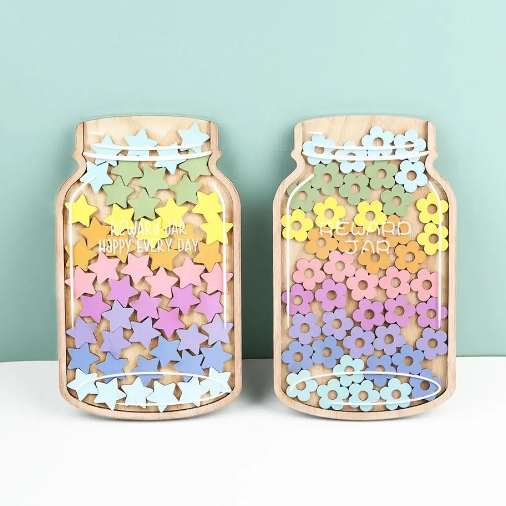 Multicolor Reward Jar 45Pcs Star Flowers Self-discipline Design Kids Reward Savings Bottle Points Reward Wooden Desktop Ornament
