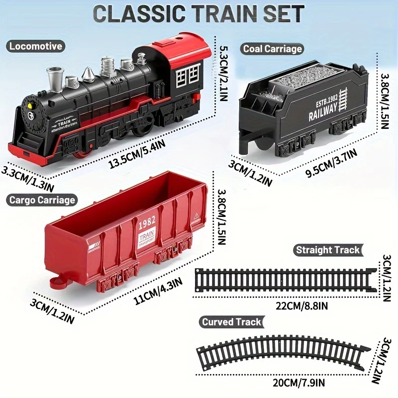 Juego de juguetes de vía de tren para niños, coches de motor clásicos retro y juegos de juguetes de tren de vía larga con luces, juguetes ideales para niños