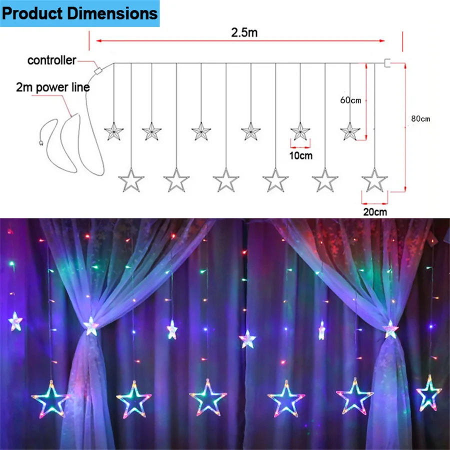 2023 Nieuwe 2.5M Led Ster Kerstgordijn Lichtslingers 8 Modi 220V Eu Plug Sprookjesachtige Slinger Verlichting Voor Feest Bruiloft Vakantie Decor